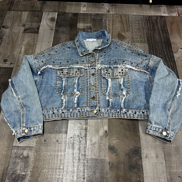 Ma Cherie Denim Jacket Womens Trucker Rhinestone Studded Jacket Size Large - Picture 1 of 11